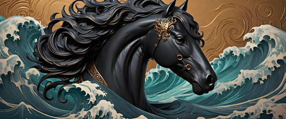 black Horse wallpaper with ocean weves cover, close-up carving black horse, abstract horse head background