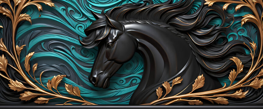 black Horse wallpaper with bronze branch details, close-up carving black horse, abstract horse head background