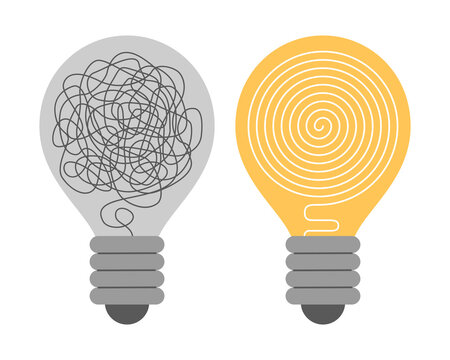 Light bulb bright versus broken. Dark electric lamp with disorganized messy wire as bad or no idea symbol vs yellow bulb with electricity and organized neat thread cartoon vector illustration