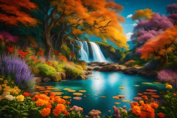 Fototapeta na wymiar Explore the expressive beauty of oil paintings portraying landscapes that are transformed into a tapestry of colors by the presence of blooming flowers