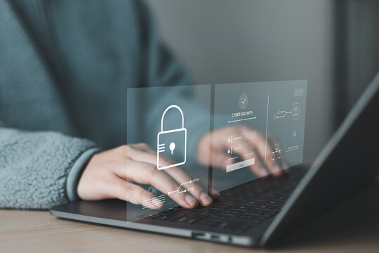 Woman enter username and password for personal information access. Data login protect and secure internet access, screen padlock technology, cybersecurity, encryption privacy, Cyber security concept.