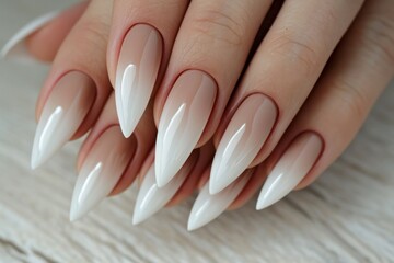 close up of long nails with french manicure - obrazy, fototapety, plakaty