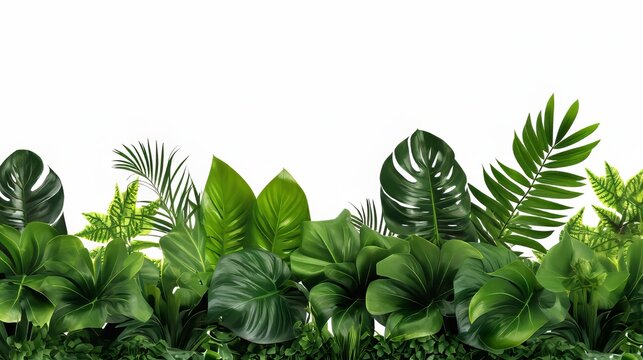     The lush green leaves of Monstera, palm, rubber plant, pine, and bird’s nest fern are carefully arranged to form an indoor garden backdrop with a nature theme, isolated on a white background, and 