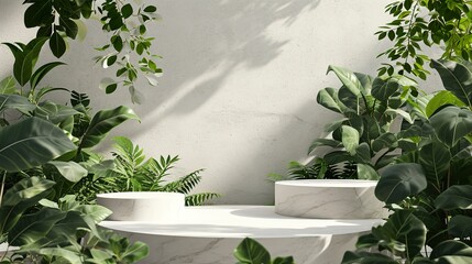 Green leaves and stone slabs product display  white podium and platforms