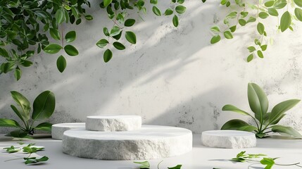 Green leaves and stone slabs product display  white podium and platforms