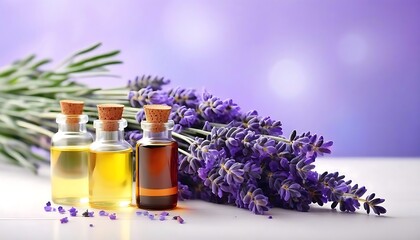 Bottles with lavender oil and bouquet of fresh lavender on light blurred background. Side view, space for text.