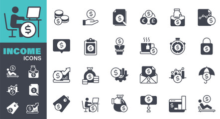 Income Icons set. Solid icon collection. Vector graphic elements, Business, Manager, Success, Growth, Organization, Wages, Investment, Finance