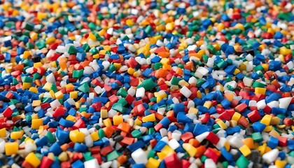 Recycled crushed plastic granules turned into new reused material. Plastic crossover. Recycled plastic with mixed colors. - obrazy, fototapety, plakaty