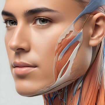 Side view face human anatomy, skin and muscles