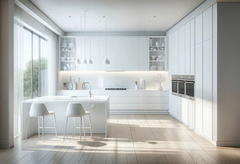 Fototapeta na wymiar A modern kitchen design with a bright and clean white theme. The kitchen boasts high-gloss white cabinetry that reflects the natural light
