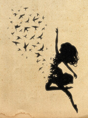 Flying woman. Ascension to heaven, angel. Afterlife. Flying bird flock