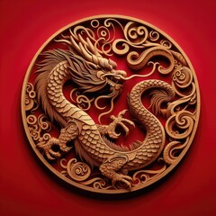 Concept of Chinese New Year 2024 dragon year. Texture, figure of a wooden dragon animal on a red background for greeting  card, advertising