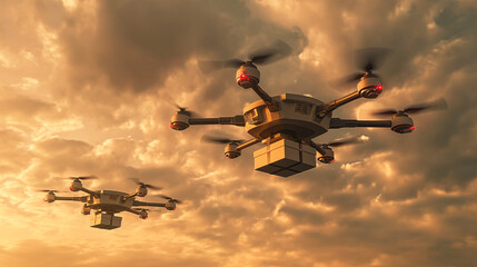 Two large drones with red navigation lights are flying in the sky at sunset, each carrying a parcel beneath it, likely delivering items