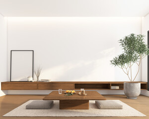Modern japan style living room decorated with minimalist tv cabinet, white wall and modern Japanese table. 3d rendering