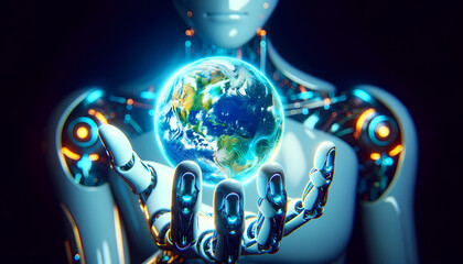 Main de robot humanoïde  saisissant un Globe Terrestre idéal pour articles sur le climat, la terre, l’environnement, la technologie, l'écologie, l'espace, l'univers et l'intelligence artificielle	