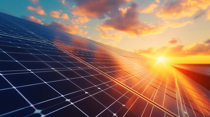 Photovoltaic solar panels on sunset sky background, green clean energy concept background. - obrazy, fototapety, plakaty