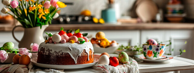 Easter cake and eggs on the table. Selective focus. - obrazy, fototapety, plakaty