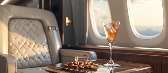 Business class interior of a passenger plane with an armchair, window, table, and a cocktail glass holding a drink and almonds. Glass emphasized.