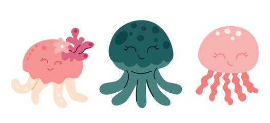 Set of cute jellyfish. Vector illustration isolated on white background.