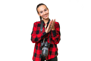 Young photographer Arab woman over isolated background applauding after presentation in a conference