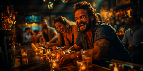 Step into our vibrant cocktail bar and let infectious laughter fill the air! This bearded bar patron knows that a good laugh is the best accompaniment to any perfectly crafted drink. - obrazy, fototapety, plakaty