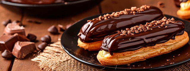 Chocolate covered eclairs on the table. Selective focus. - obrazy, fototapety, plakaty