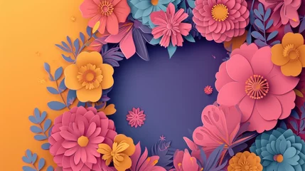 Fotobehang Women day background with frame flowers. 8 March invitation card. Vector illustration. Paper cut style    © Emil