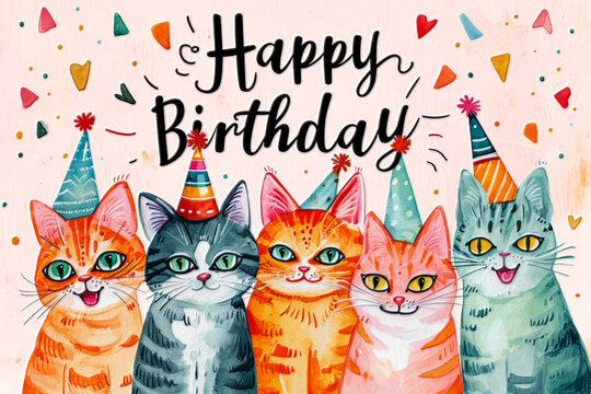 Happy birthday greeting card with cute cats.