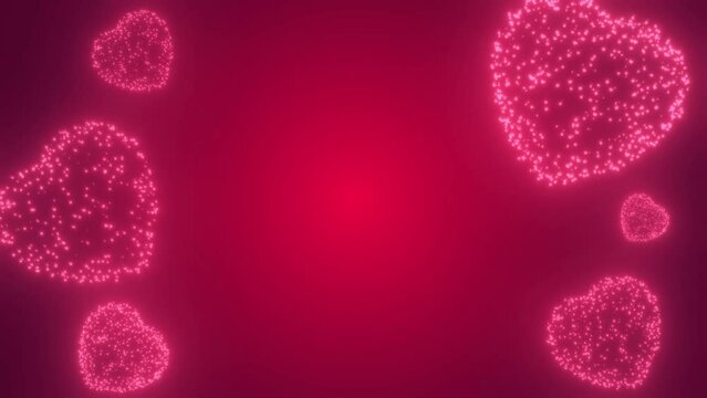 Valentine's Day background with a red flying heart and rose, a gift box, flowers, presents, and neon lights