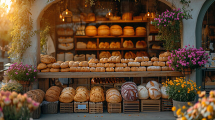 An inviting scene of a rustic outdoor bakery, with an assortment of freshly baked bread cooling on wooden racks, surrounded by blooming flowers and the golden glow of a setting sun