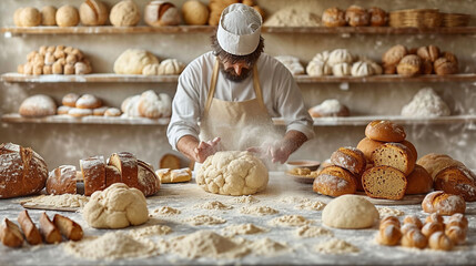 A visually appealing montage of various stages of bread-making, from kneading the dough to the final baked loaves, presented against a backdrop of a sunlit kitchen, illustrating th