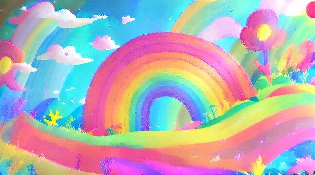 rainbows and flowers in style of tripping psychedelic, vibrant pastel colors, glow