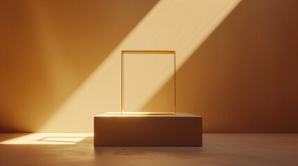 Modern minimal showcase scene with golden square frame and empty podium