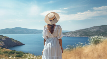 Back view of a woman in a white dress looking out over a tranquil blue sea and hilly coastline.