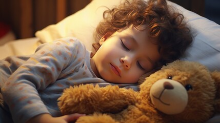 A little boy in pajamas sleeping next to a toy bear in bed. The problem of sleep in children. A favorite toy