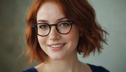 Fototapeta premium Young Charisma: Freckled Redhead Smiling in Soft Light with Sapphire Eyes and Bob-Cut Hair