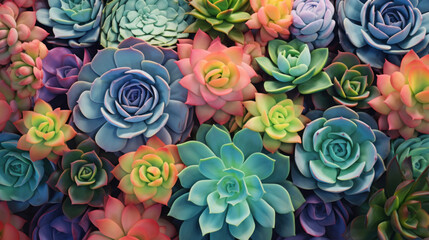 A lush collection of Echeveria succulent plants displaying vibrant shades of green, blue, pink, and purple in a top view.