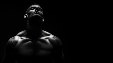 Muscular athlete looking upwards, thoughtful, with dramatic lighting on black background