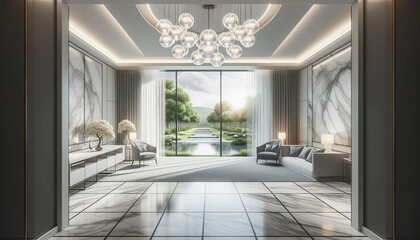 A wide-format 3D render of a modern style luxury white living room with a garden view. The room features a gray marble tile wall and floor