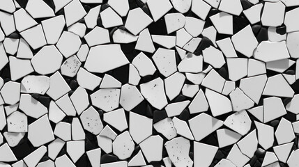 Monochrome image showcasing an abstract pattern of broken tiles in black and white, creating a modern mosaic.