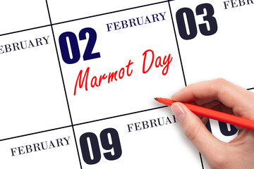 February 2. Hand writing text Marmot Day on calendar date. Save the date.