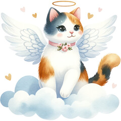 calico color cat, A charming watercolor illustration of a calico cat with a pink nose, with angel wings and a halo, pet memorial, Mourning, PNG Clipart Transparent Background