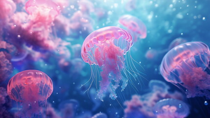 Fototapeta premium Pink Jellyfish Symphony in Hyper-Detailed Realism, Dreamlike Atmosphere, and Electric Color Palette of Light Violet and Sky-Blue