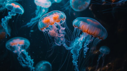  Large Jellyfish Ballet in Soft-Focus, Harmonizing Dark Cyan and Orange, Voluminous Forms, and Nature-Inspired Technological Fusion