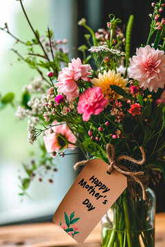 Happy Mother's Day card and flowers. Selective focus.