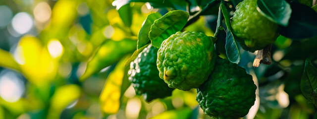 Bergamot weighs on a branch in the garden. Selective focus. - obrazy, fototapety, plakaty