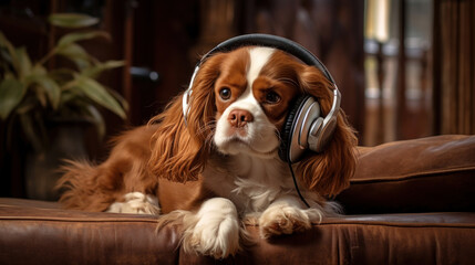A Cavalier King Charles Spaniel dog relaxes on a leather couch, listening to music through a pair of headphones.
