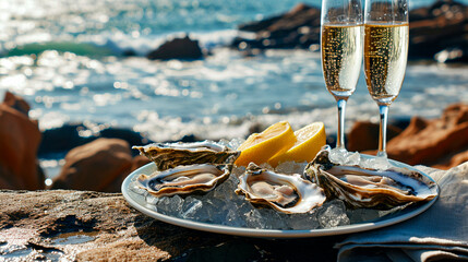 Oysters glasses with wine on the seashore. Selective focus. - obrazy, fototapety, plakaty