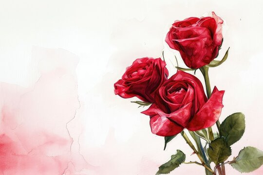 A bouquet of red roses watercolor background, copy space.