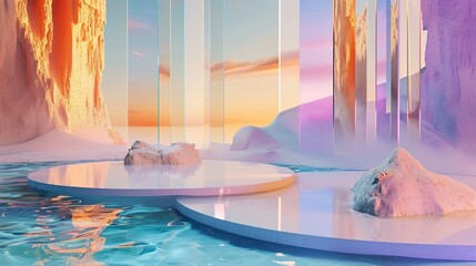 surreal landscape with round podium in the water and colorful sand
